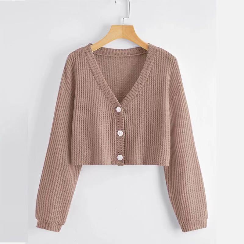 Waffle Knitted Drop Shoulder Top Cardigan Button Front Crop Top Longsleeves