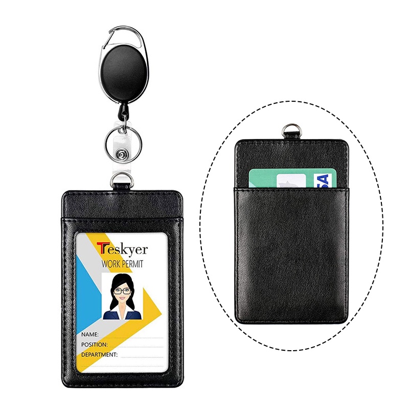 GOGO PU Leather Badge Holder Name Tag ID Card Holder Wallet Case with  Retractable Reel Neck Lanyard-Black 