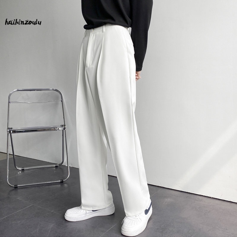 New Fashion Men's Oversize Suit Pants Wide Leg Long Drape Trousers Solid  Straight High Waist Casual Pant Black White Khaki