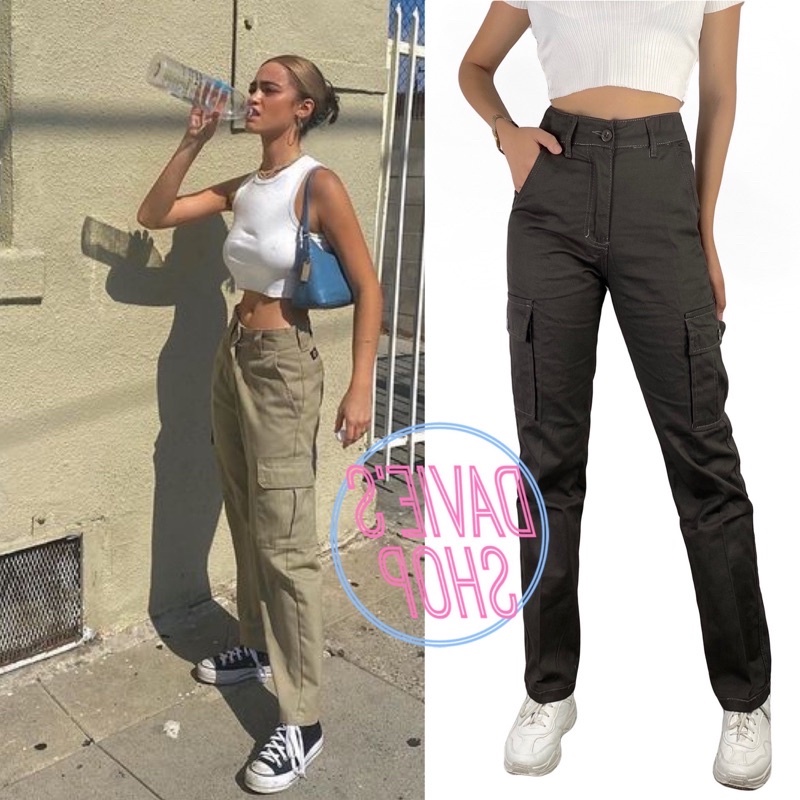 DaviesShop Khaki Cargo Pants Six Pockets Straight Cut Loose Fit High Waist  Pants for Women Y2K Korea