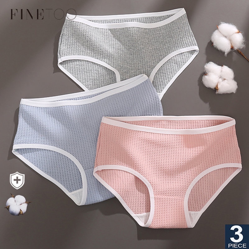 Finetoo 3pcs/Set Waffle Cotton Underwear For Women Girl's Bikini