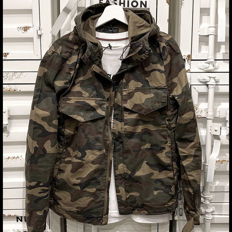 Military jacket Heavy Vintage Washed Fried Street Hooded Zipper  Wear-Resistant Multi-Pocket Cargo Camouflage