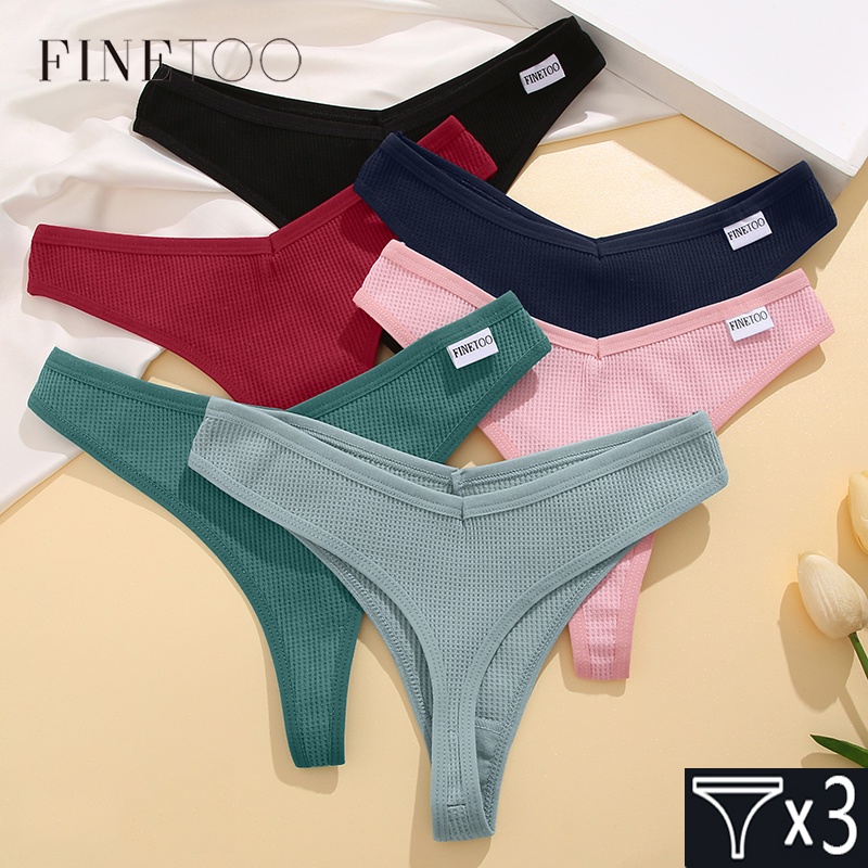 Cheap FINETOO 3PCS/Set Seamless Cotton Thong Adjustable Low Waist Women  Thongs Sexy T-back Ladies Bikini Underwear G-String Lingeries
