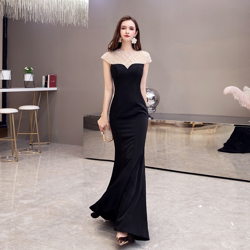 Elegant Black Fishtail Women Formal Party Evening Dress Long Host