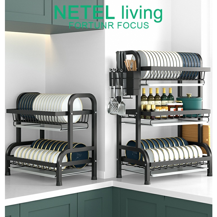 NETEL Over the Sink Dish Drying Rack 2 Tier Carbon Steel Dish