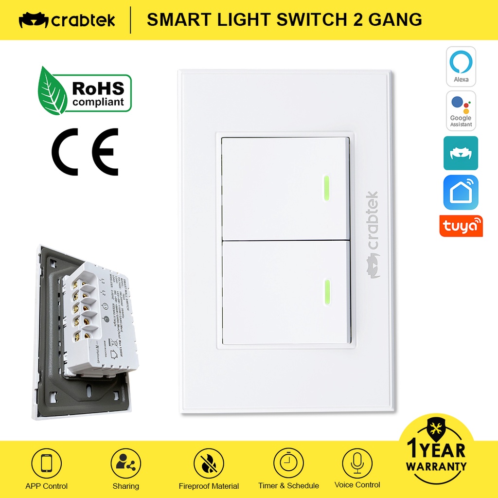 Crabtek Smart WiFi Push Button Automated Smart Light Switch 2 Gang