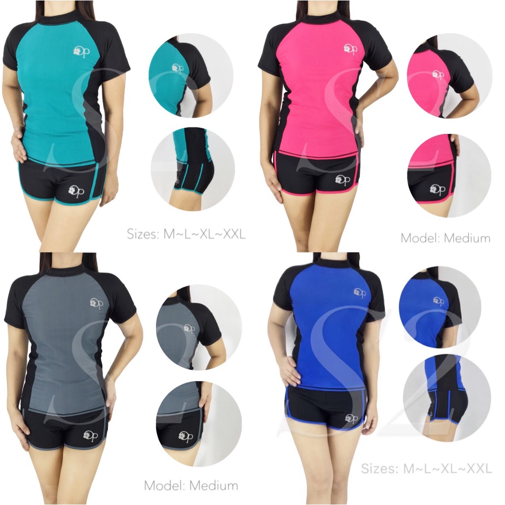 121 VF Women's Short Sleeve Rash Guard Two Piece Sun Protection Swim Shirt  & Shorts Swimwear