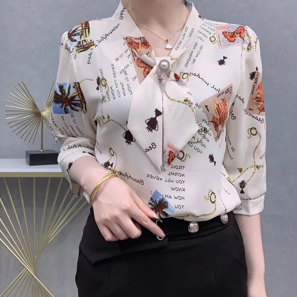 Chiffon Shirt 3/4 Sleeve Floral Shirt Loose Plus Size Blouse Women