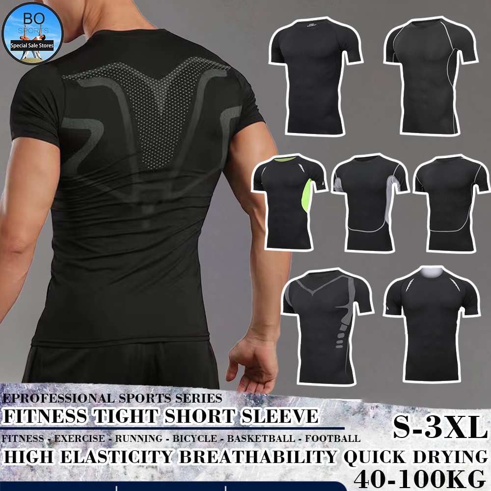 BOSPORT Men`s Compression T-Shirts Short Sleeve Top Sport Running Shirts  Fitness Quick Dry Lightweight Gym