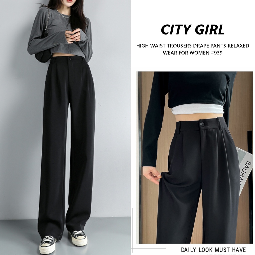 CITY GIRL Smooth texture high waist trousers drape loose and