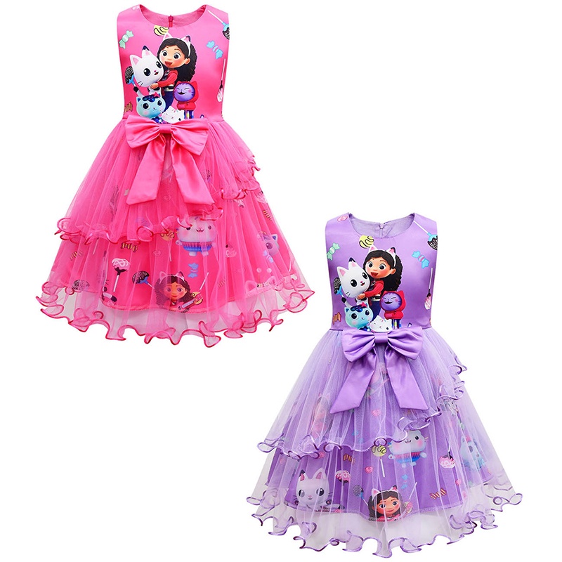 2022 Gabbys Dollhouse Dress For Baby Girl Costume Fashion Children Up Print  Cartoon Lace Party Frock