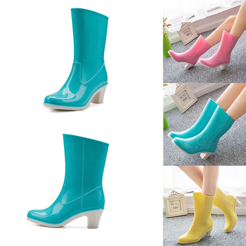 Women s rain boots mid tube water shoes for adults high heeled women s rain boots fashion non slip lightweight waterproof rubber shoes high heels
