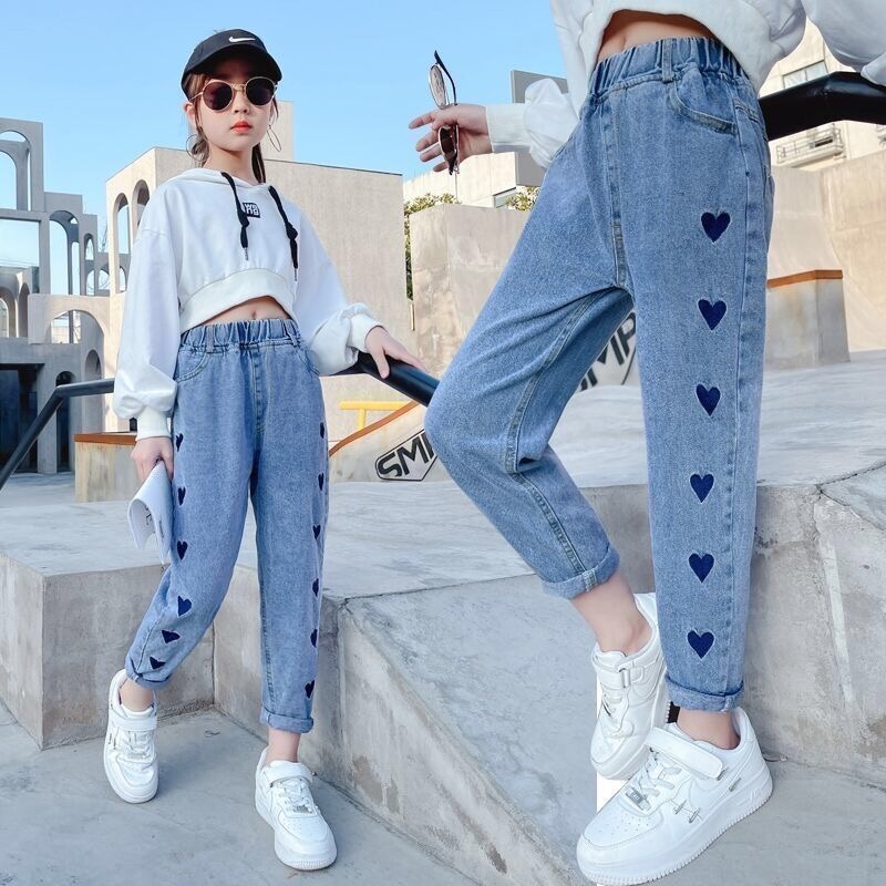 Girls Fashion New Casual Denim Maong Pants Cute Embroided Design Garterized  Jeans Kids 3-12years