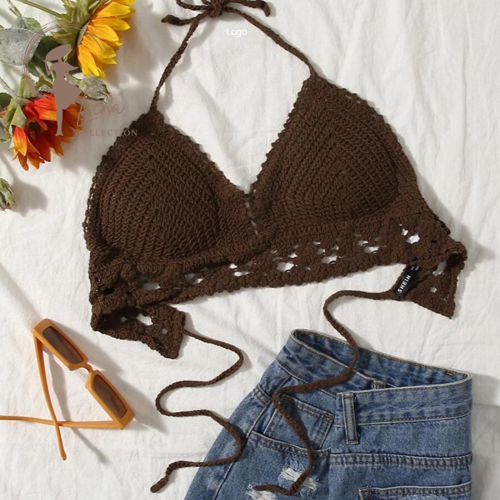 New Solid Halter Crochet Bikini Top with PAD
