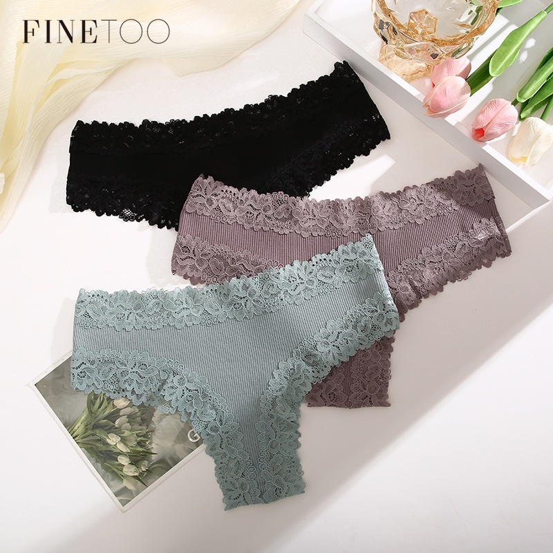 FINETOO 3PCS/Set Women Lace Thongs Panties Sexy Floral Underwear Girl  Fashion Women's Letter Strap S-XL Female Lingerie