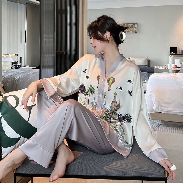 V Neck Nightwear Sleep Set Pajamas Ice Silk Printing Long Sleeve Homewear  Sleepwear Shirt Pant Outside 2Pcs Loose Homewear - AliExpress