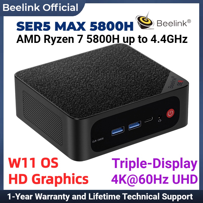Beelink SER5 MAX, Mini PC Ryzen 7 5800H (8C/16T, Turbo 4.4GHz), 32GB DDR4  RAM 500GB PCIe3.0 SSD Desktop Mini Computers Support 4K@60Hz Triple