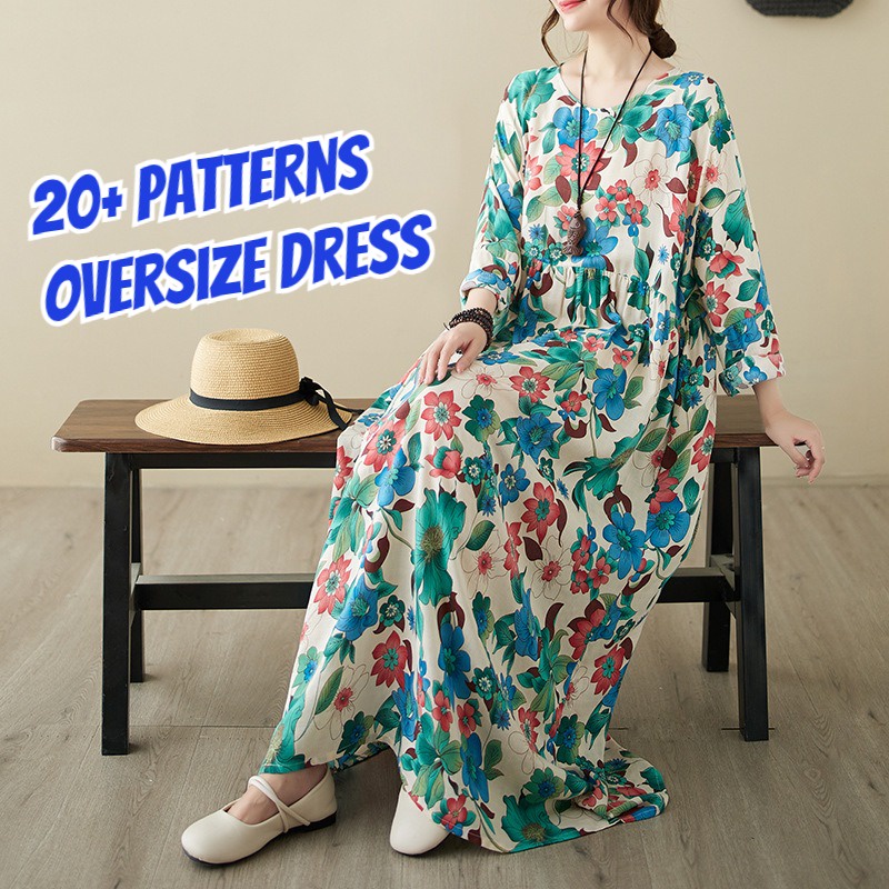 Summer Floral Dress Plus size Woman Casual Loose Long Sleeve Maxi Dresses  Holiday Beach Swing Long Dress Summer Glitz Maternity Dress