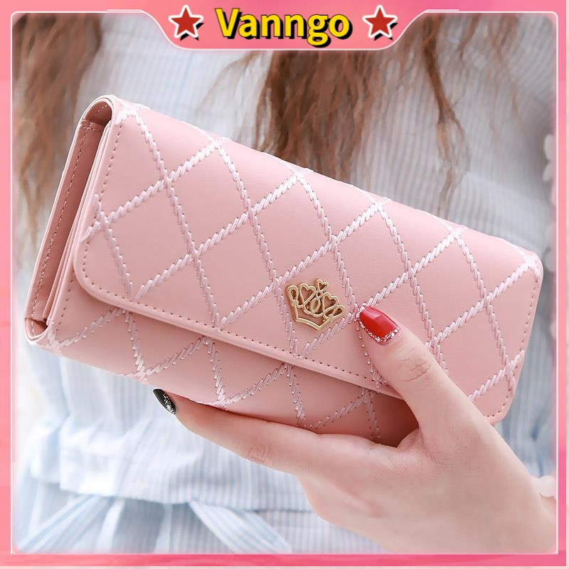 Fashion Women Crown Rhombus Pattern Wallet Three Fold Multi